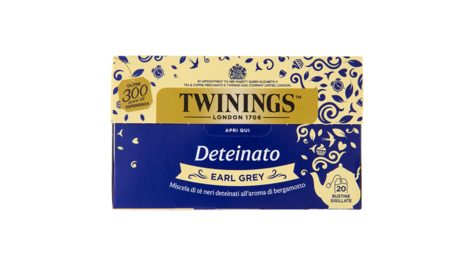 Twinings Deteinato Earl Grey Tè Nero Deteinato dal sapore di Bergamotto 20 filtri The 40 g