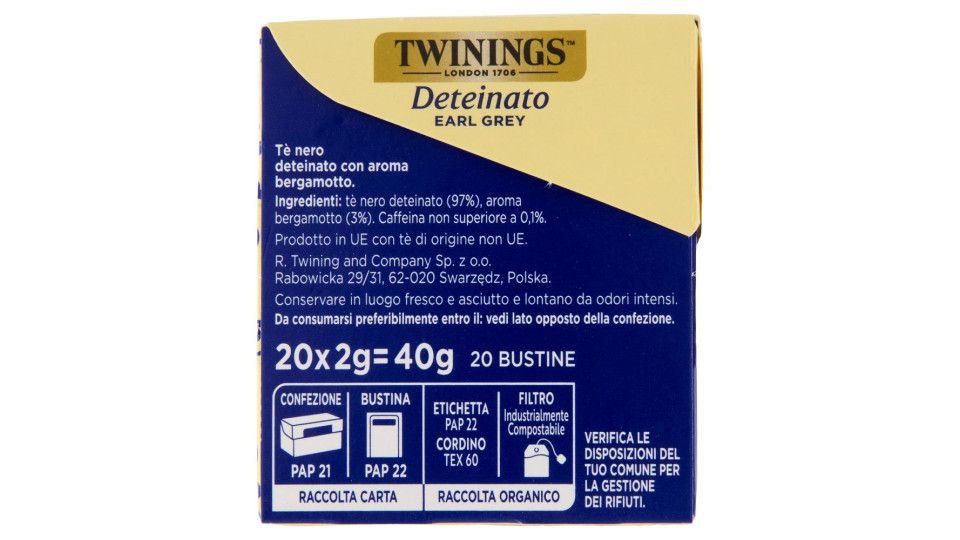 Twinings Deteinato Earl Grey Tè Nero Deteinato dal sapore di Bergamotto 20 filtri The 40 g
