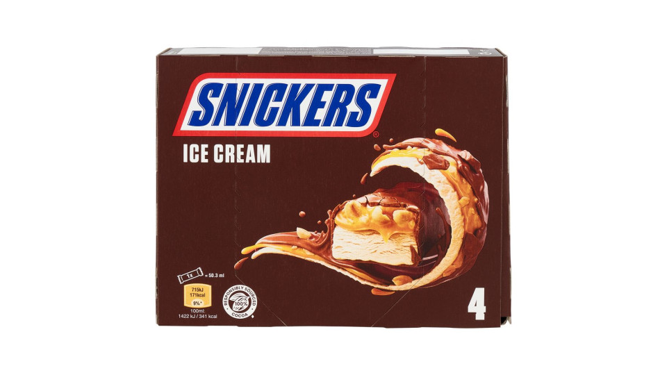Snickers Barretta Gelato con cioccolato, caramello e arachidi tostate, Multipack da 4 x 45.6 g