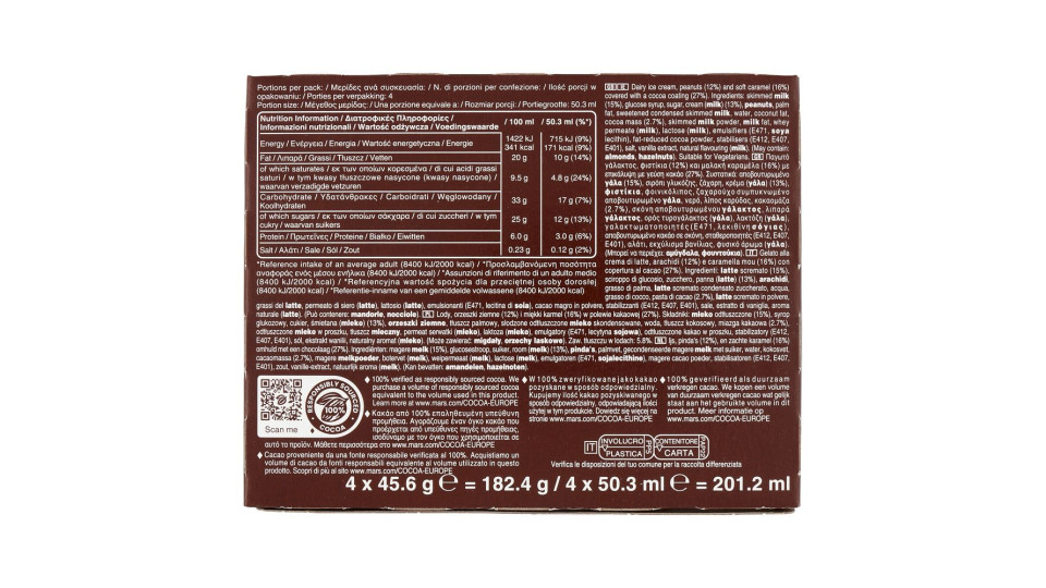 Snickers Barretta Gelato con cioccolato, caramello e arachidi tostate, Multipack da 4 x 45.6 g