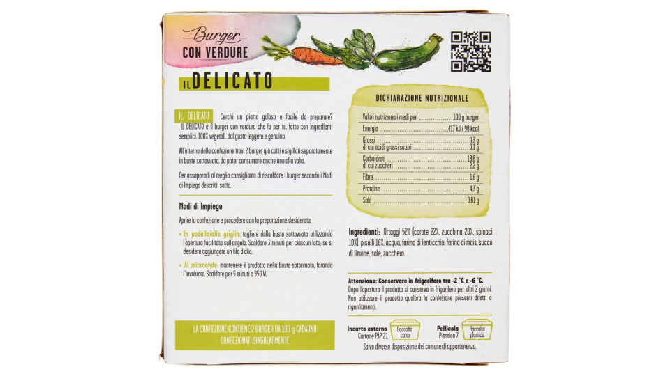 Cottin Tavola 100% Vegetale Burger Con Verdure Il Delicato 2 X 100 G