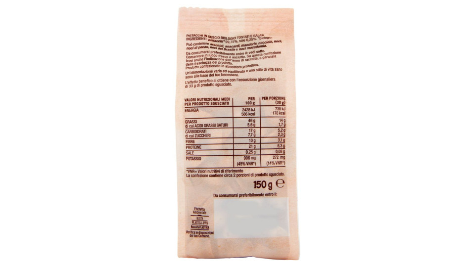 Pistacchi In Guscio Biologici Leggermente Salati 150 G