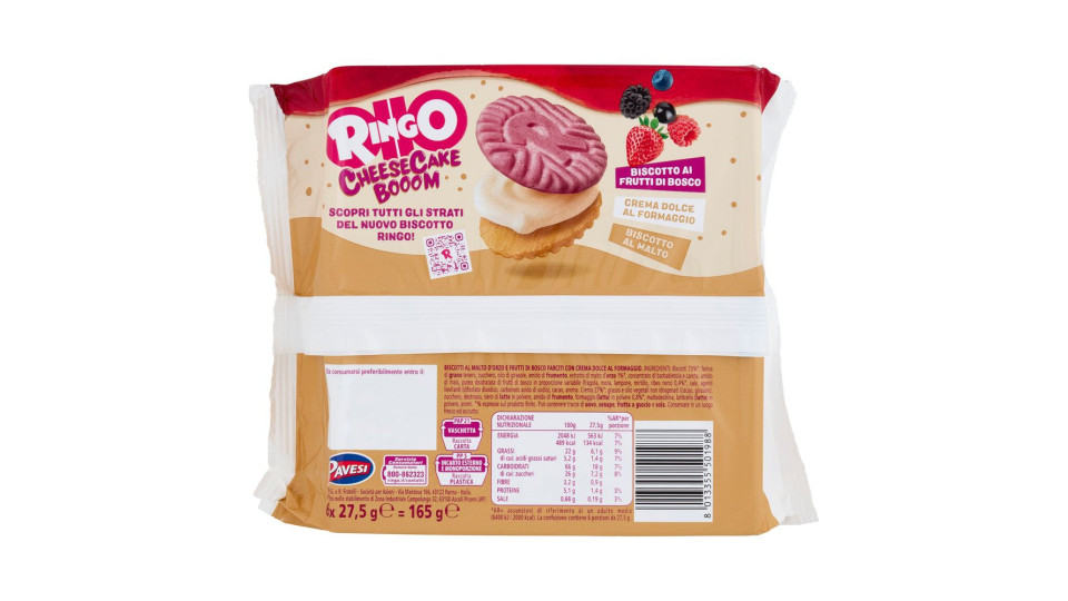 Ringo Cheesecake Biscotto Gusto Cheesecake Ai Frutti Di Bosco Limited Edition Snack 6 Porzioni 165g