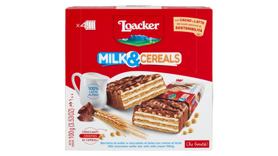Loacker Milk & Cereals Barrette Di Wafer E Cioccolato Al Latte Con Crema Al Latte 25gx4