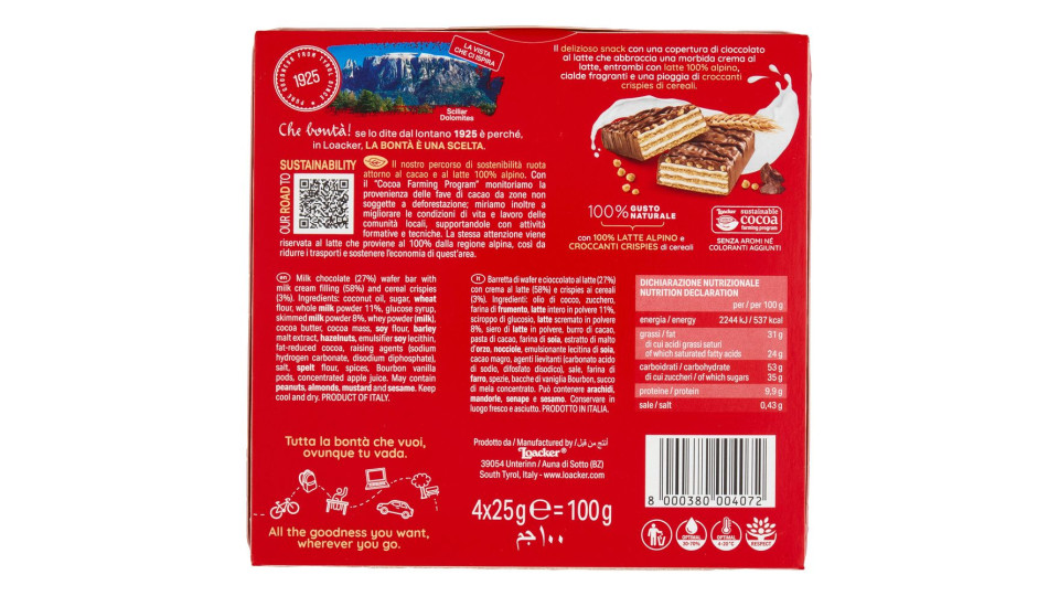 Loacker Milk & Cereals Barrette Di Wafer E Cioccolato Al Latte Con Crema Al Latte 25gx4