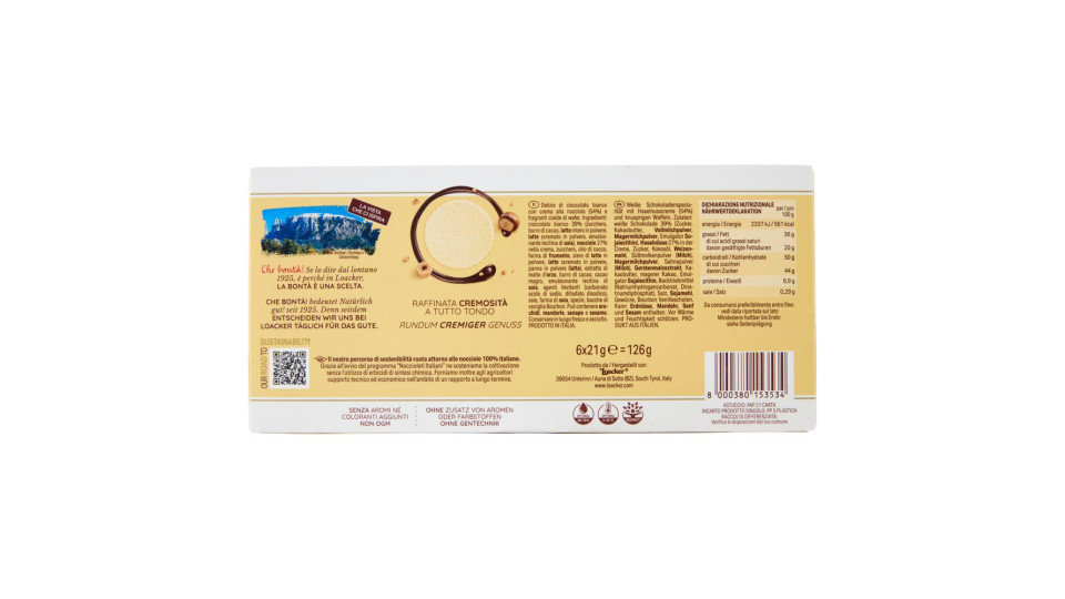 Loacker Tortina White Wafer Ricoperto Di Cioccolato Bianco Con Crema Nocciole 100% Italiane 21gx6