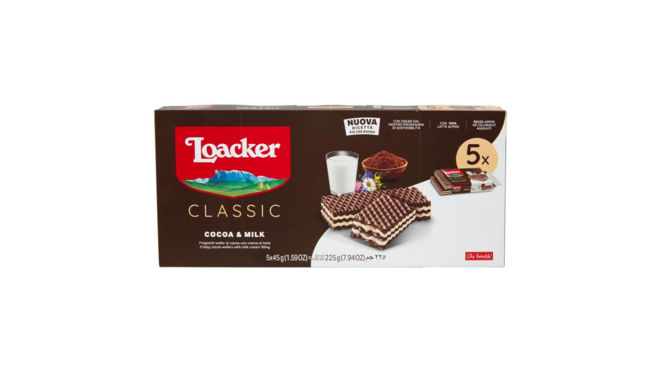 Loacker Classic Cocoa & Milk Wafer Al Cacao Con Crema Al Latte 100% Alpino Wafers 45gx5