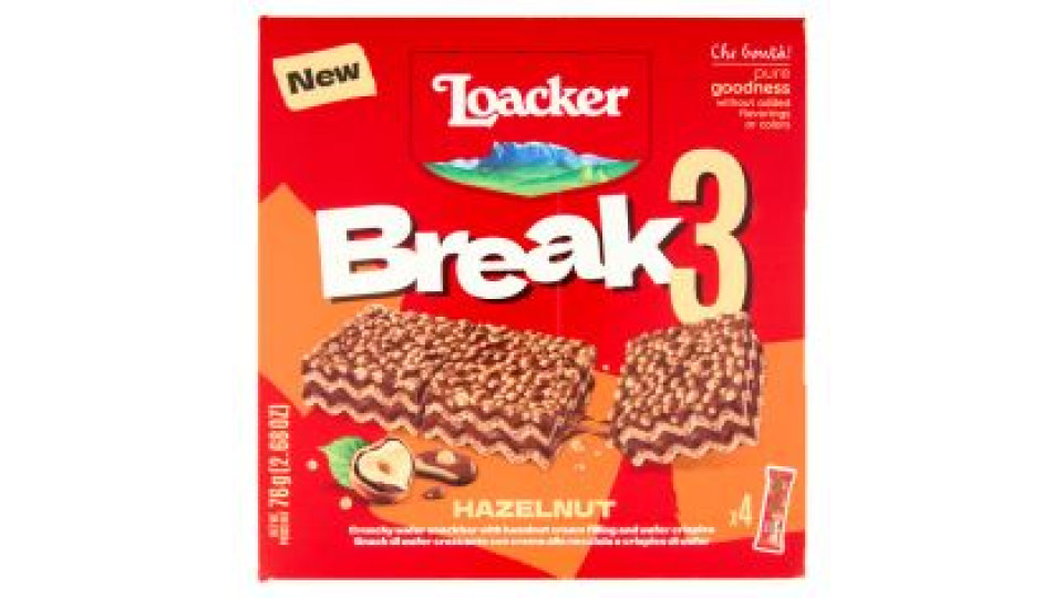 Loacker Break3 Barrette Di Wafer Con Crema Alle Nocciole 100% Italiane 19gx4