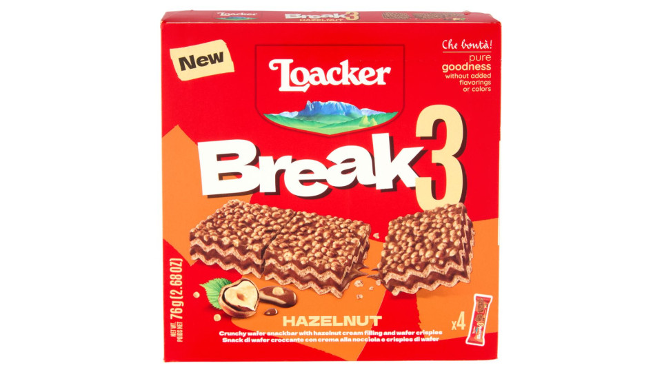 Loacker Break3 Barrette Di Wafer Con Crema Alle Nocciole 100% Italiane 19gx4