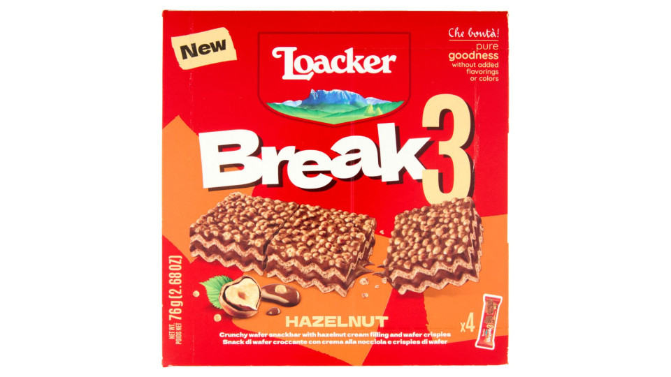 Loacker Break3 Barrette Di Wafer Con Crema Alle Nocciole 100% Italiane 19gx4