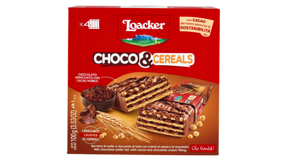 Loacker Choco & Cereals Barrette Di Wafer E Cioccolato Al Latte Con Crema Al Cioccolato 25gx4