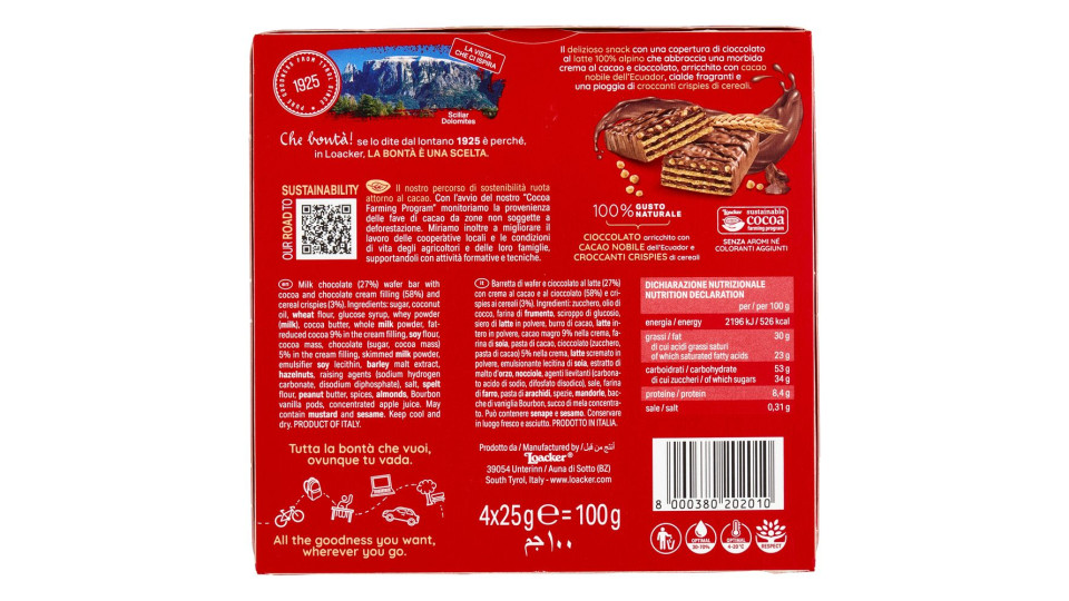 Loacker Choco & Cereals Barrette Di Wafer E Cioccolato Al Latte Con Crema Al Cioccolato 25gx4