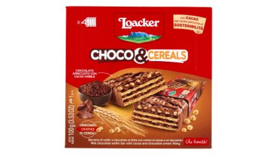 Loacker Choco & Cereals Barrette Di Wafer E Cioccolato Al Latte Con Crema Al Cioccolato 25gx4