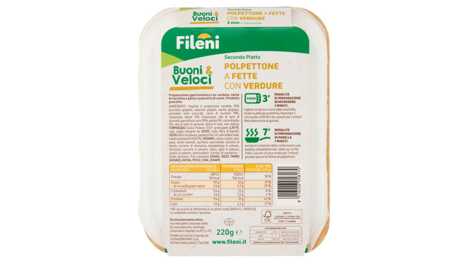 Fileni Buoni & Veloci Secondo Piatto Polpettone A Fette Con Verdure 220 G