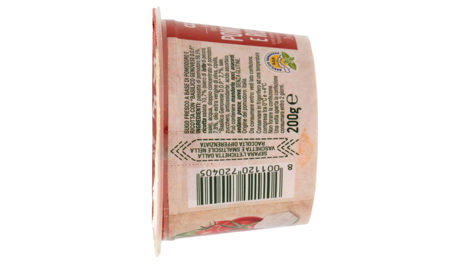 Sugo Fresco Al Pomodoro E Ricotta Con Pomodoro Italiano E 'basilico Genovese D.o.p.' 200 G