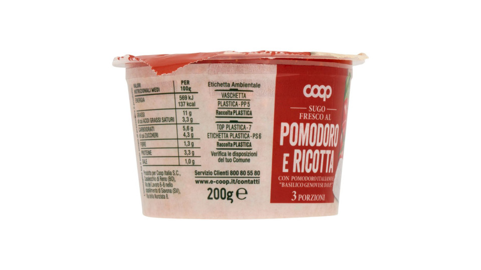 Sugo Fresco Al Pomodoro E Ricotta Con Pomodoro Italiano E 'basilico Genovese D.o.p.' 200 G
