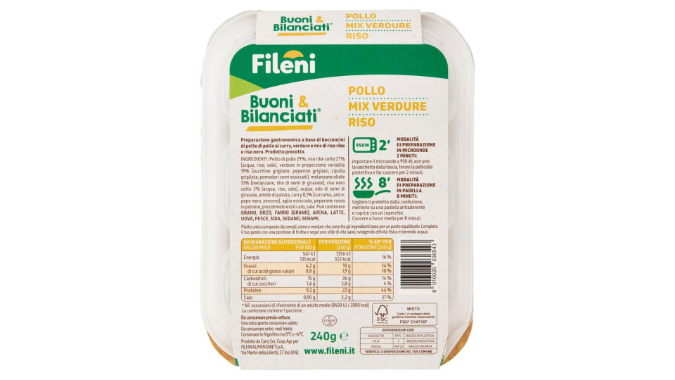 Fileni Buoni & Bilanciati Pollo Al Curry, Mix Di Verdure, Riso Ribe E Nero 240 G