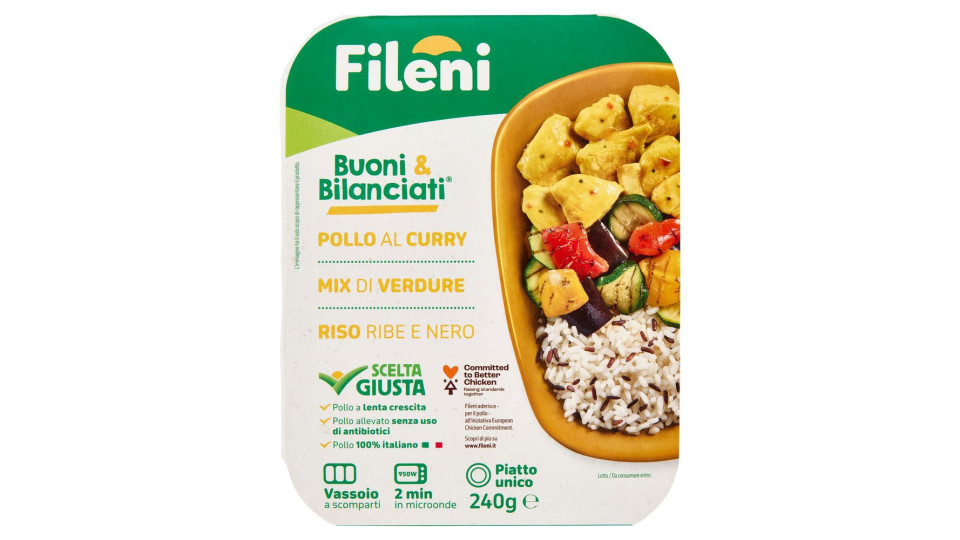 Fileni Buoni & Bilanciati Pollo Al Curry, Mix Di Verdure, Riso Ribe E Nero 240 G