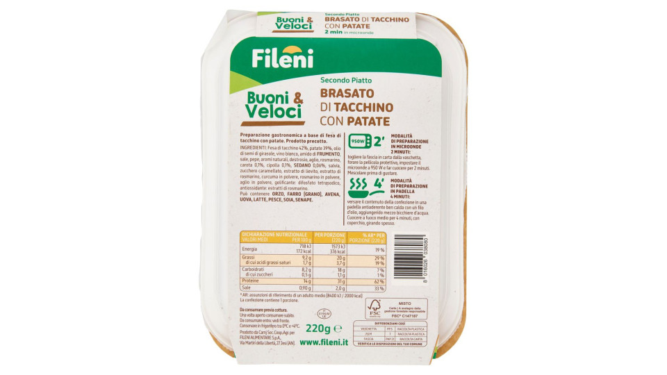 Fileni Buoni & Veloci Secondo Piatto Brasato Di Tacchino Con Patate 220 G