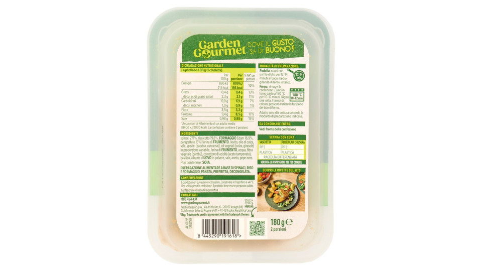 Garden Gourmet Cotoletta Di Spinaci Vegetariana Con Riso E Formaggio 2 Pezzi 180g