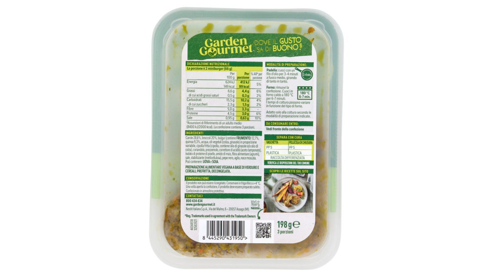 Garden Gourmet Mini Burger Vegano 99kcal Con Carote, Broccoli, Bulgur E Quinoa 3 Porzioni 198g