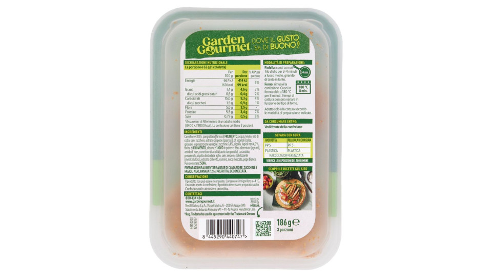Garden Gourmet Cotolette Vegetariane 99kcal Con Cavolfiore, Zucchine E Fagioli Neri 3 Pezzi 186g