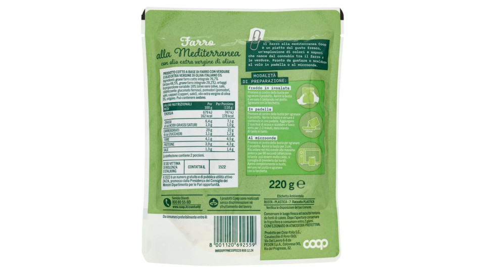 Farro Ala Mediterranea Con Olio Extra Vergine Di Oliva 220 G