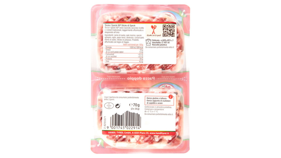 Handl Tiroler Speck Igp Sticks Di Speck 2 X 35 G