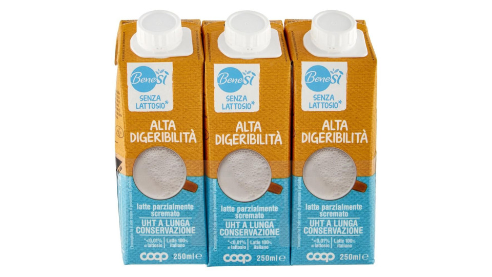 Senza Lattosio* Alta Digeribilità Latte Parzialmente Scremato Uht A Lunga Conservazione 3 X 250 Ml