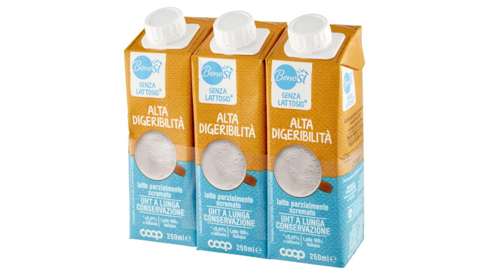 Senza Lattosio* Alta Digeribilità Latte Parzialmente Scremato Uht A Lunga Conservazione 3 X 250 Ml