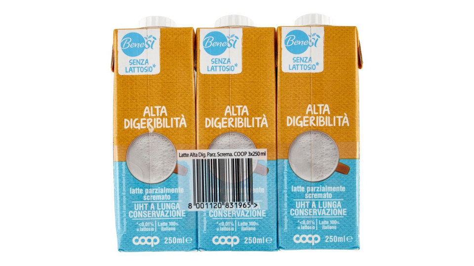 Senza Lattosio* Alta Digeribilità Latte Parzialmente Scremato Uht A Lunga Conservazione 3 X 250 Ml