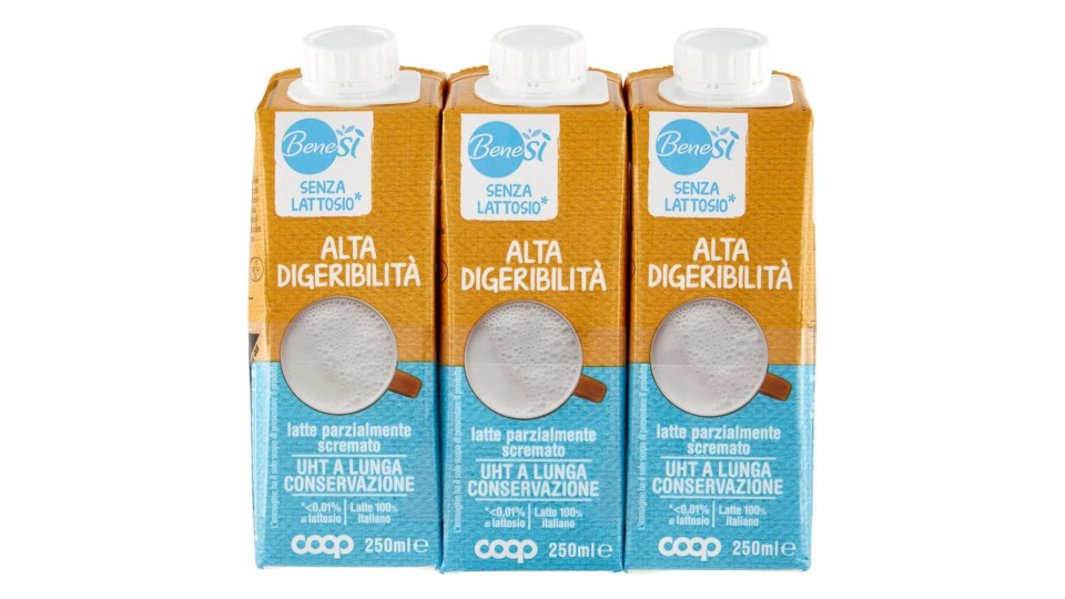 Senza Lattosio* Alta Digeribilità Latte Parzialmente Scremato Uht A Lunga Conservazione 3 X 250 Ml
