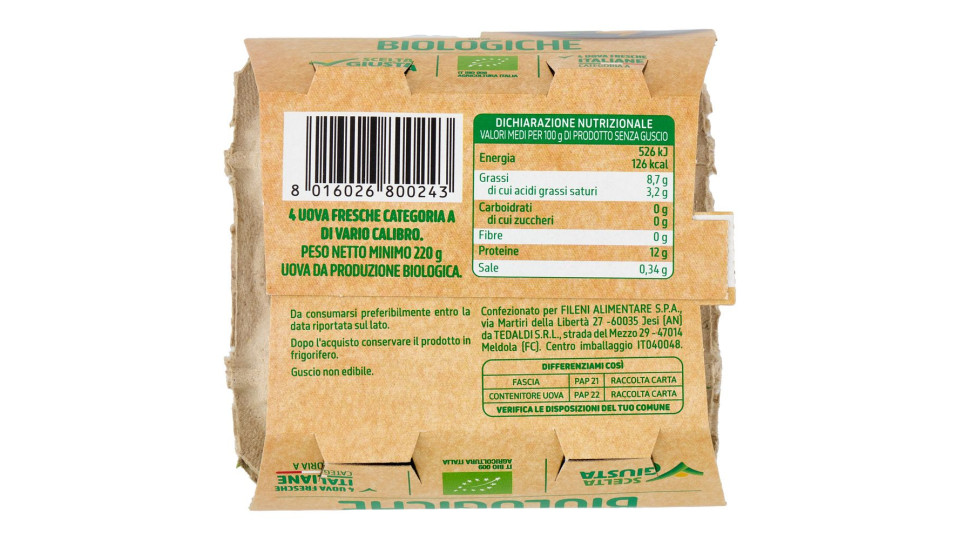 Fileni Bio Uova Biologiche 4 Uova Fresche 220 G