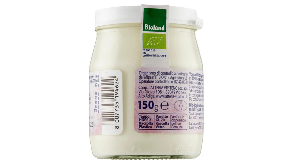 Sterzing Vipiteno Bio Yogurt Da Latte Fieno Bianco Senza Lattosio 150 G