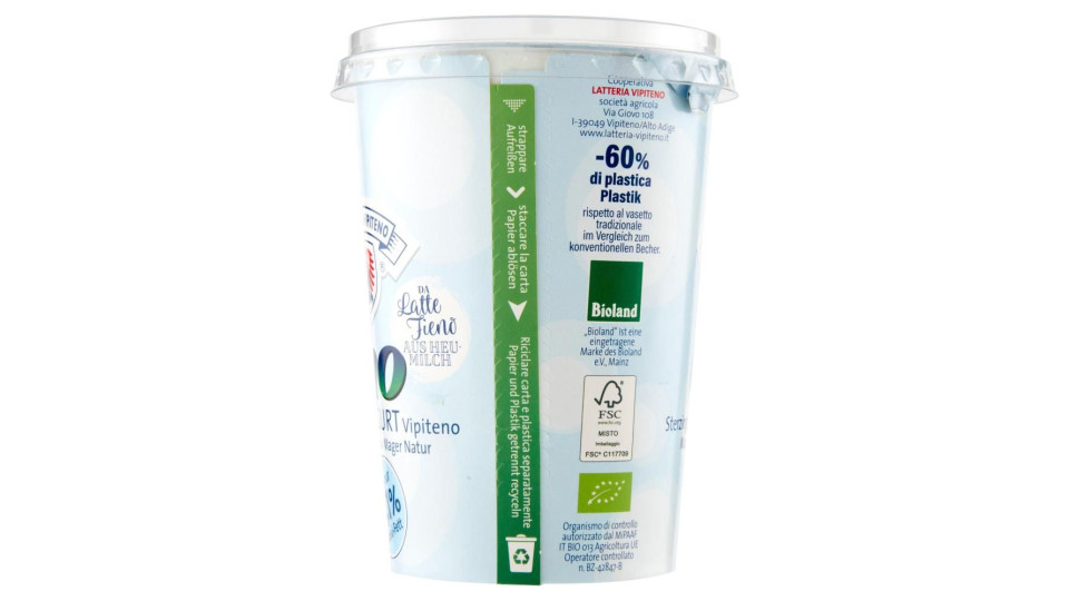Sterzing Vipiteno Bio Yogurt Da Latte Fieno Magro Bianco 500 G