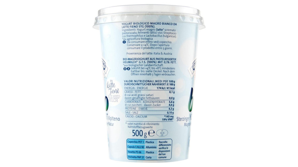 Sterzing Vipiteno Bio Yogurt Da Latte Fieno Magro Bianco 500 G