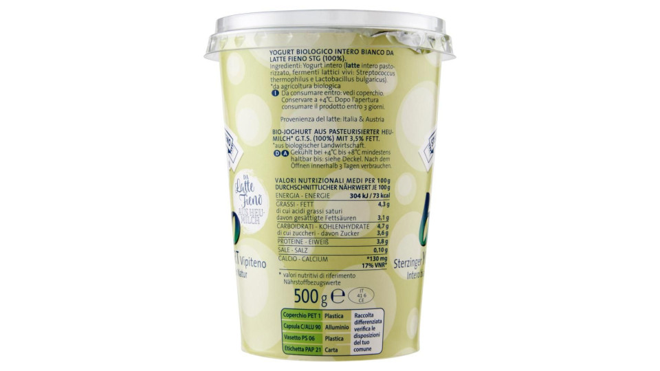 Sterzing Vipiteno Bio Yogurt Da Latte Fieno Intero Bianco 500 G