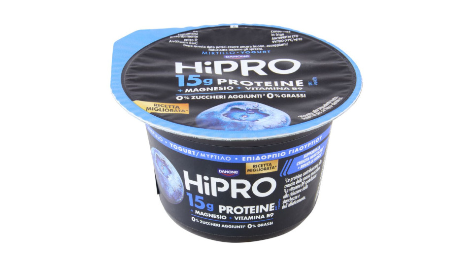 Hipro Yogurt, 15g Proteine,0% Grassi, Gusto Mirtillo,con Magnesio&vit B9,basso In Lattosio,160g