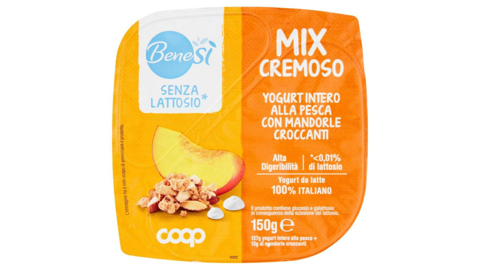 Senza Lattosio* Mix Cremoso Yogurt Intero Alla Pesca Con Mandorle Croccanti 150 G