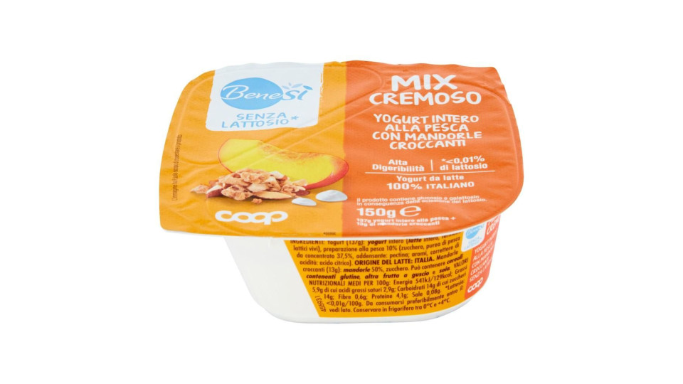 Senza Lattosio* Mix Cremoso Yogurt Intero Alla Pesca Con Mandorle Croccanti 150 G