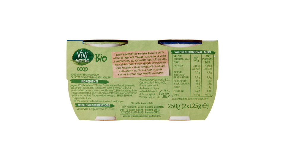 Yogurt Agli Agrumi Biologico Intero 2 X 125 G