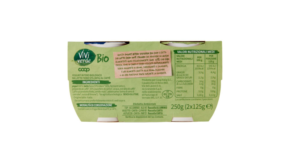 Yogurt Al Caffè Biologico Intero 2 X 125 G