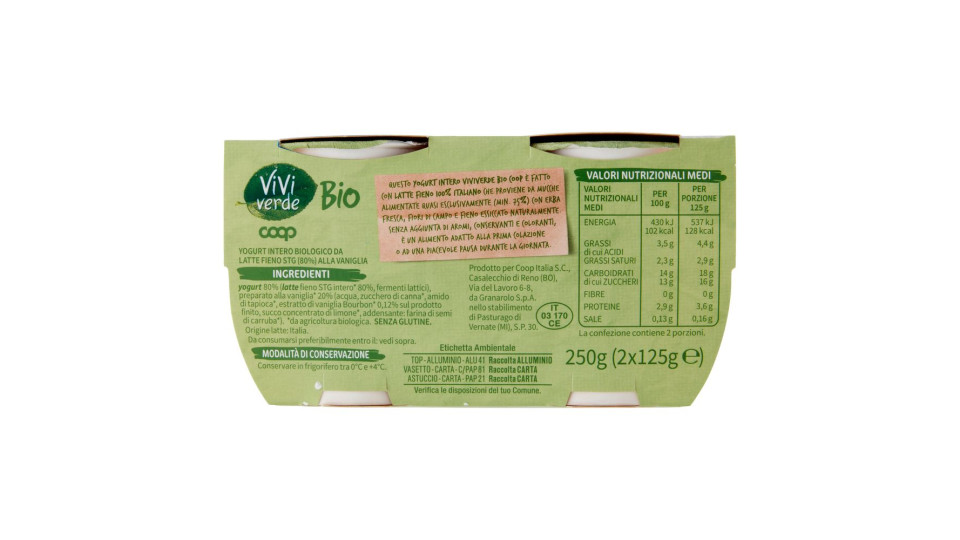 Yogurt Alla Vaniglia Biologico Intero 2 X 125 G