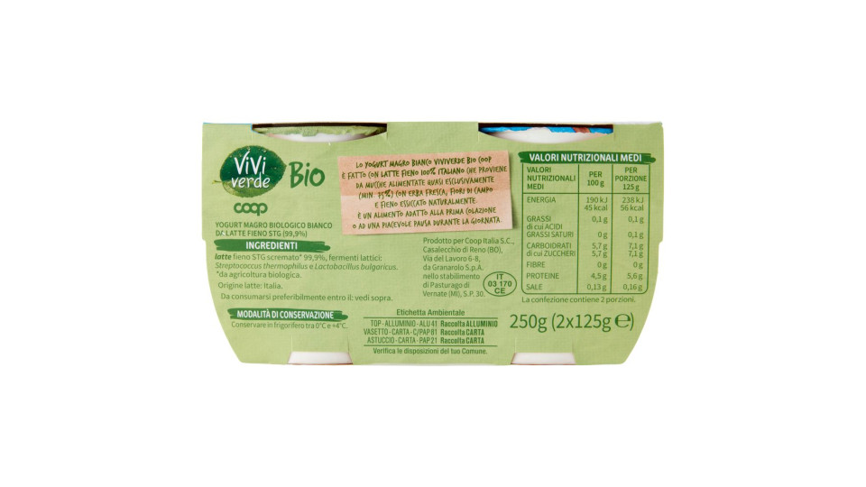 Yogurt Bianco Naturale Biologico Magro 2 X 125 G