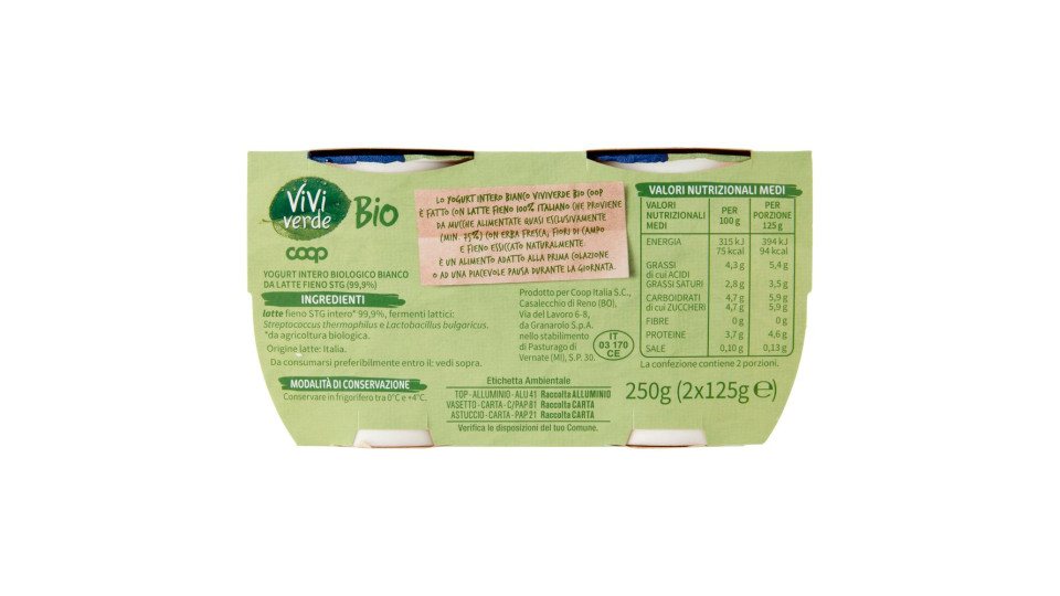 Yogurt Bianco Naturale Biologico Intero 2 X 125 G