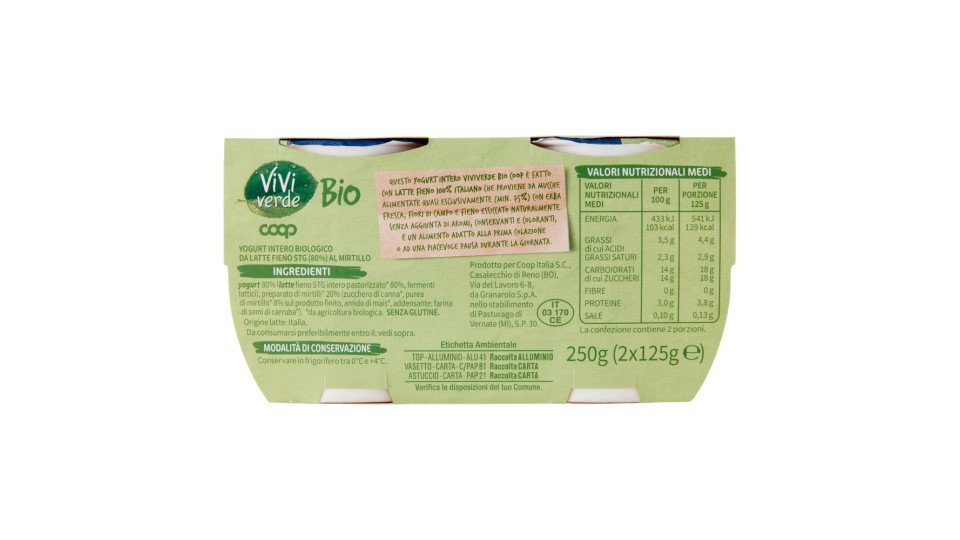 Yogurt Al Mirtillo Biologico Intero 2 X 125 G