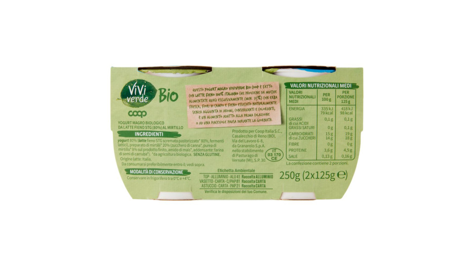 Yogurt Al Mirtillo Biologico Magro 2 X 125 G