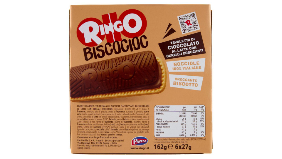 Ringo Snack Biscocioc Con Nocciole 100% Italiane E Cereali Croccanti 6 Porzioni 162g
