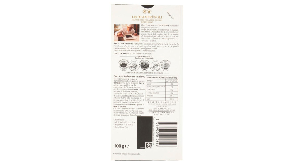 Lindt Excellence Tavoletta Cioccolato Fondente Limone E Zenzero 100 G