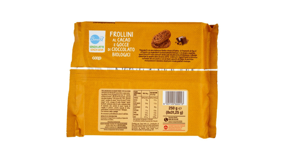 Senza Latte Senza Uova Frollini Al Cacao E Gocce Di Cioccolato Biologici 8 X 31,25 G